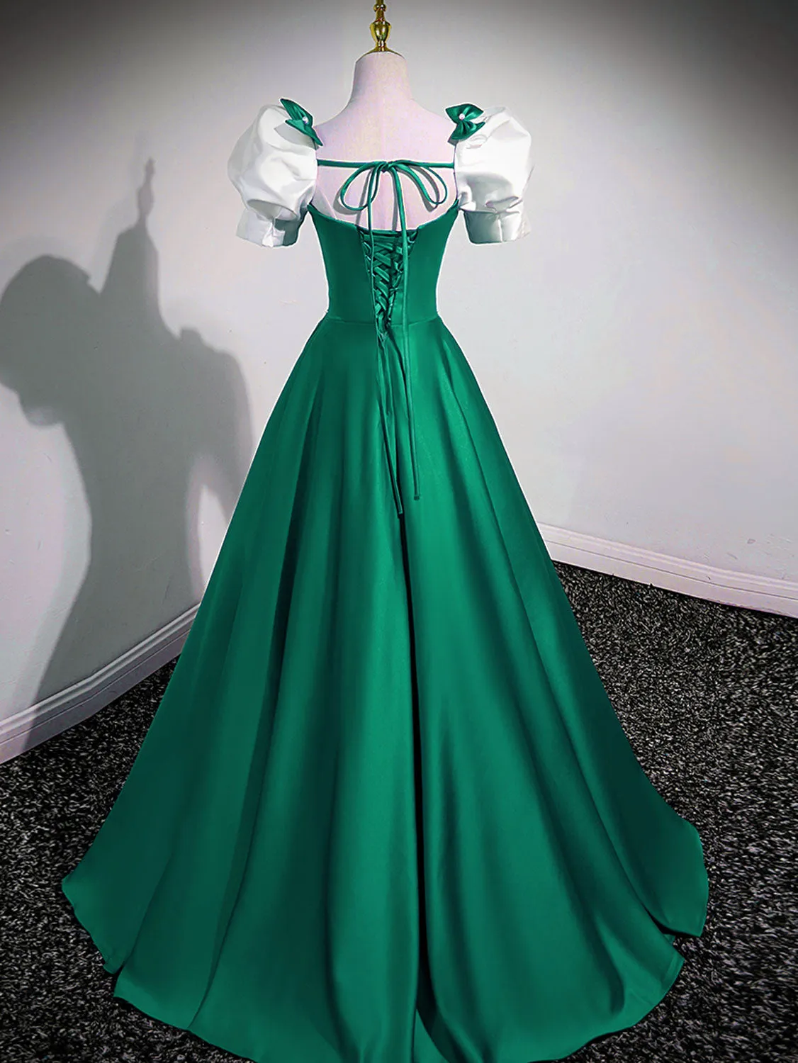 A-Line Satin Green Long Prom Dresses, Green A-Line Formal Dresses