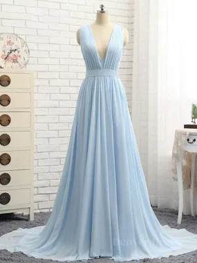 A Line V Neck and V Back Sky Blue Chiffon Long Prom Dresses V Neck Blue Formal Dresses Blue Evening Dresses