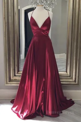 A Line V Neck Backless Burgundy Long Prom Dresses Backless Burgundy Formal Graduation Evening Dresses