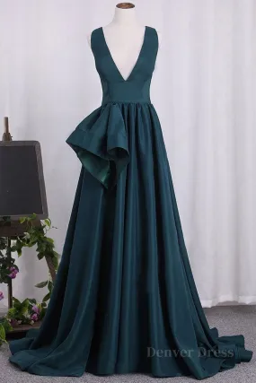 A Line V Neck V Back Green Satin Long Prom Dresses Long Green Formal Evening Dresses