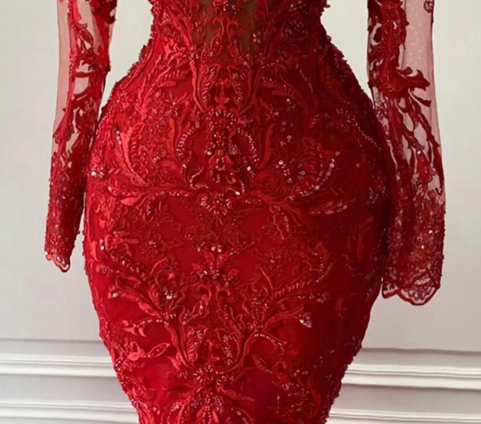 Arabic Aso Ebi Red Luxurious Lace Beaded Evening Dresses Mermaid Long Sleeves Prom Dresses Vintage Formal Party Second Reception Gowns