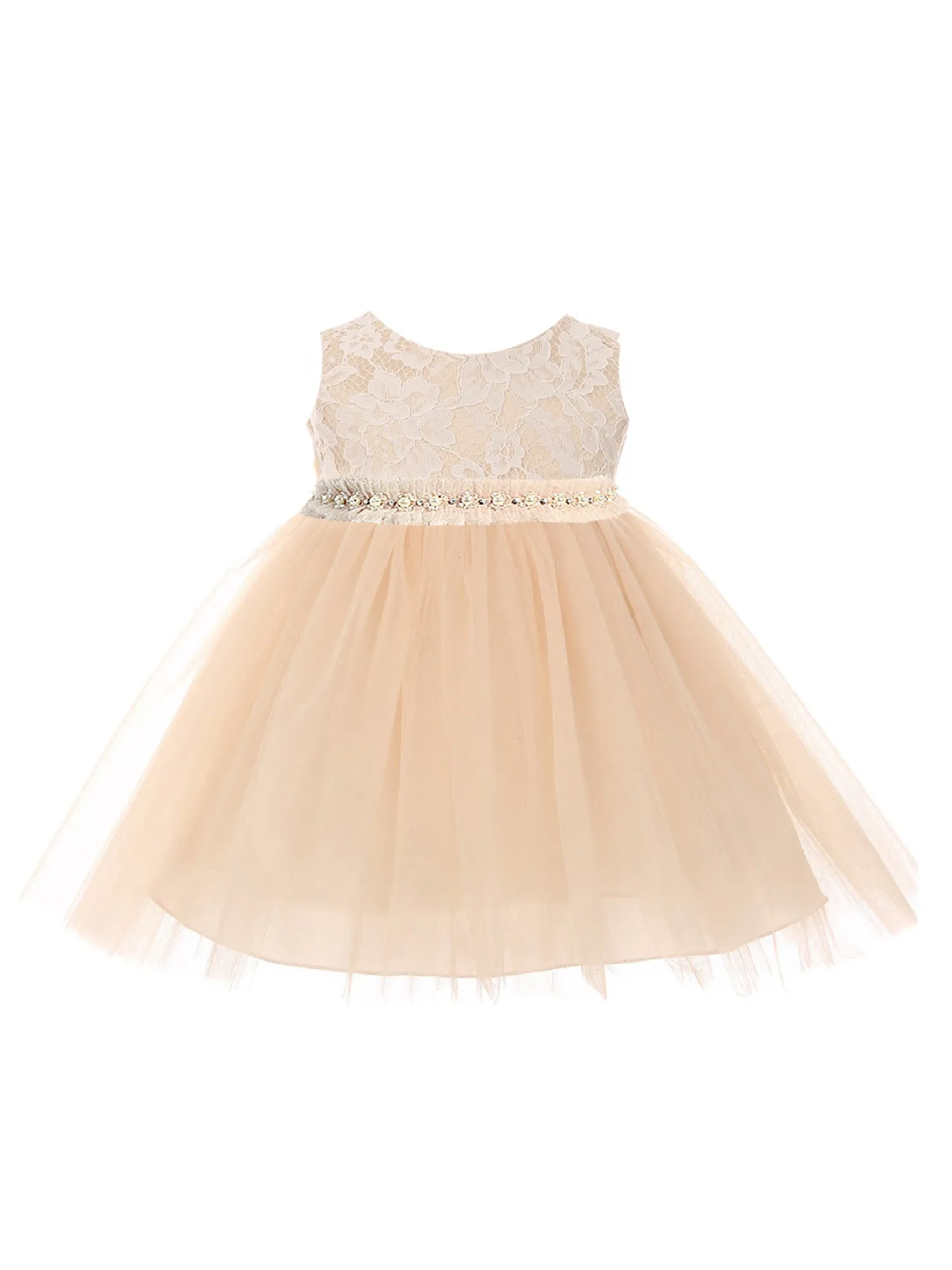 Baby Girls Champagne Lace Tulle Pearl Mesh Trim Flower Girls Dress 6-24M