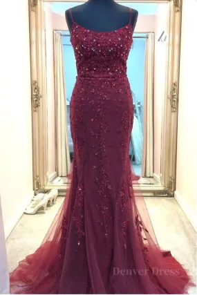 Backless Mermaid Beaded Maroon Lace Long Prom Dresses Backless Burgundy Lace Formal Dresses Burgundy Tulle Evening Dresses