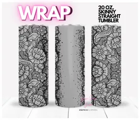 Black Flower Lace on Grey - Digital tumbler wrap for 20 oz skinny straight tumbler