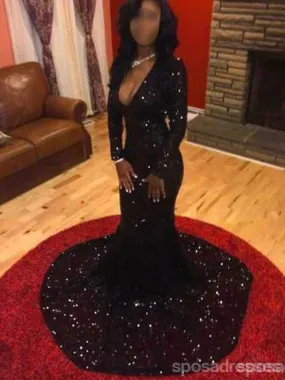 Black Sequin Long Evening Prom Dress, Black 2017 Prom Dress, Long sleeve Evening Dress, Sparkly Prom Dress, Simple Prom Dress, 17019