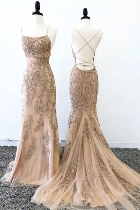 Champagne Mermaid Backless Lace Appliques Long Prom Dresses Champagne Lace Formal Dresses Champagne Graduation Evening Dresses