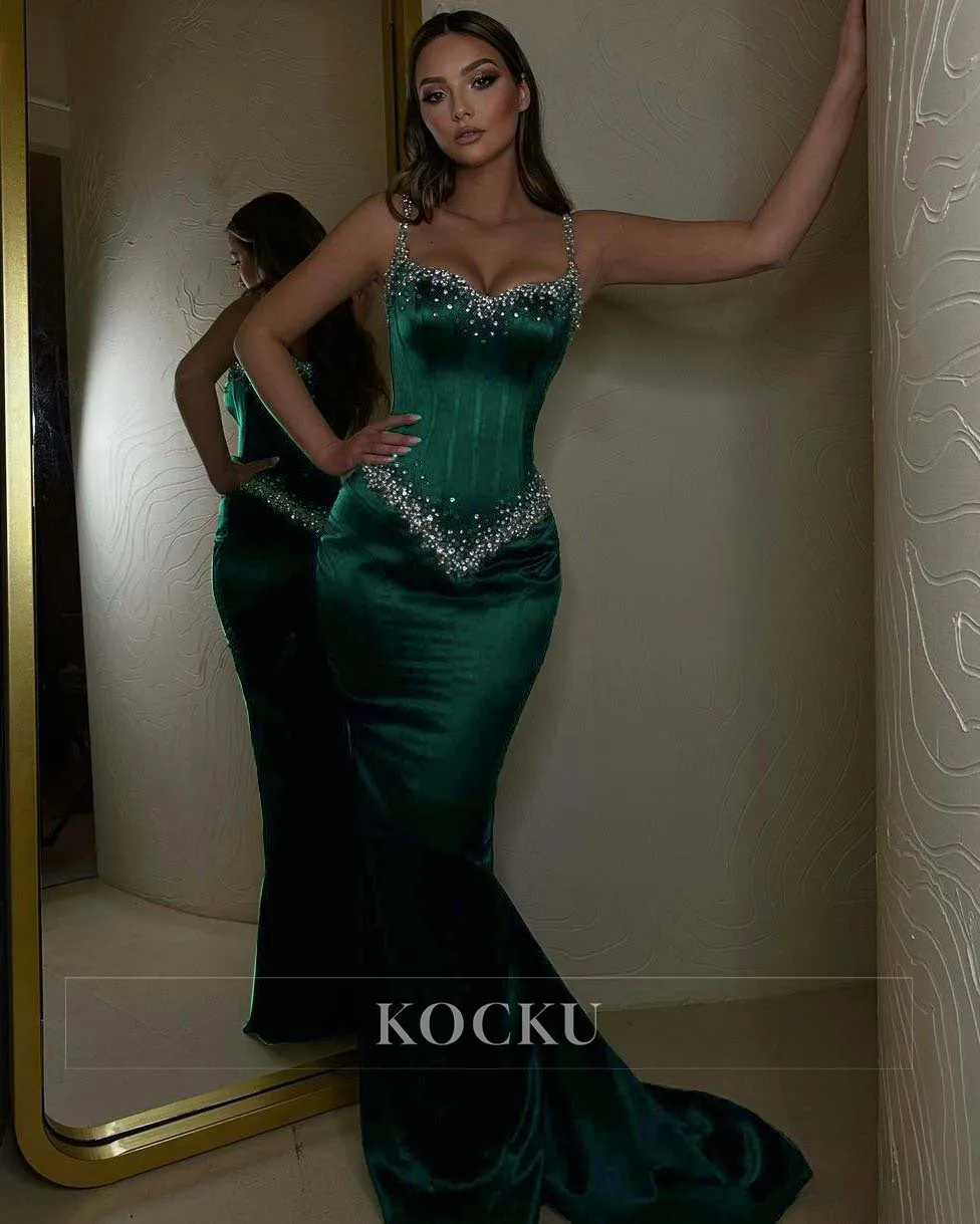 Couture & Ornate Spaghetti Straps Square Beaded Mermaid Evening Party Prom Dress