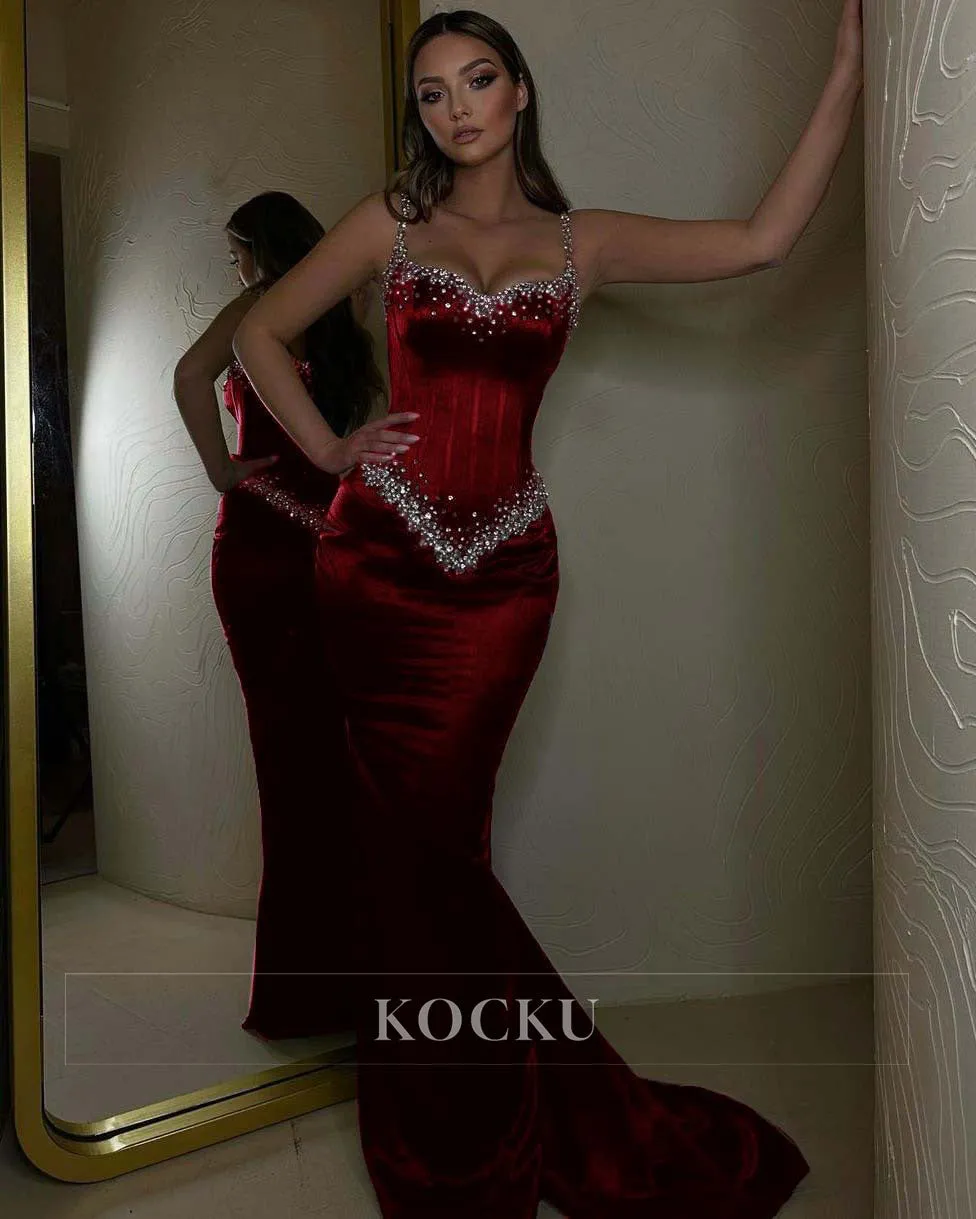 Couture & Ornate Spaghetti Straps Square Beaded Mermaid Evening Party Prom Dress