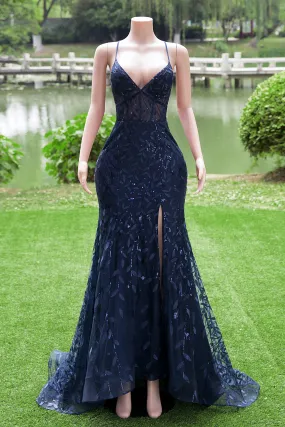 Dark Navy Blue Prom Dresses  Long Sequins Mermaid Women Tulle Evening Dresses Spaghetti Straps