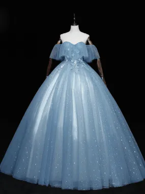 Gray Blue Tulle Off Shoulder Long Prom Dress Blue Tulle Formal Dresses