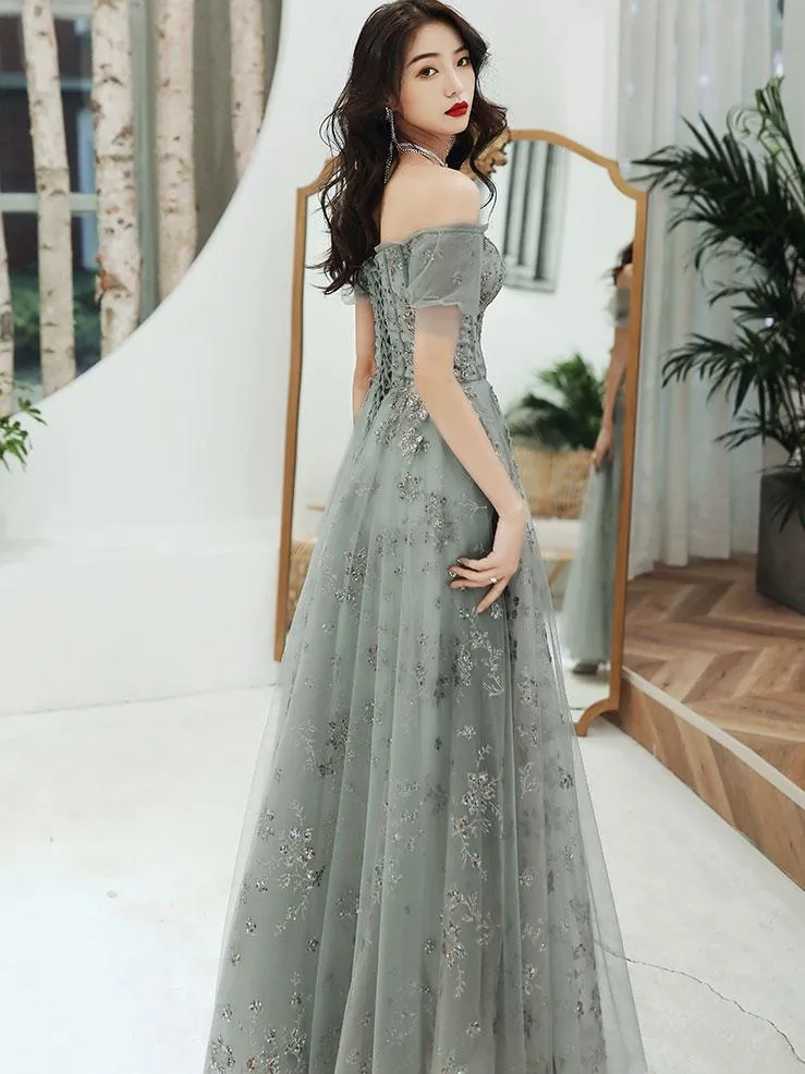 Gray tulle lace long prom dress, gray tulle long evening dress