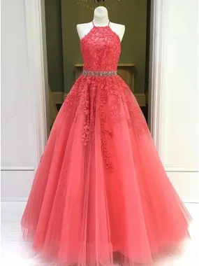 Halter Neck Coral Lace Tulle Long Prom Dresses Halter Neck Coral Lace Formal Evening Dresses