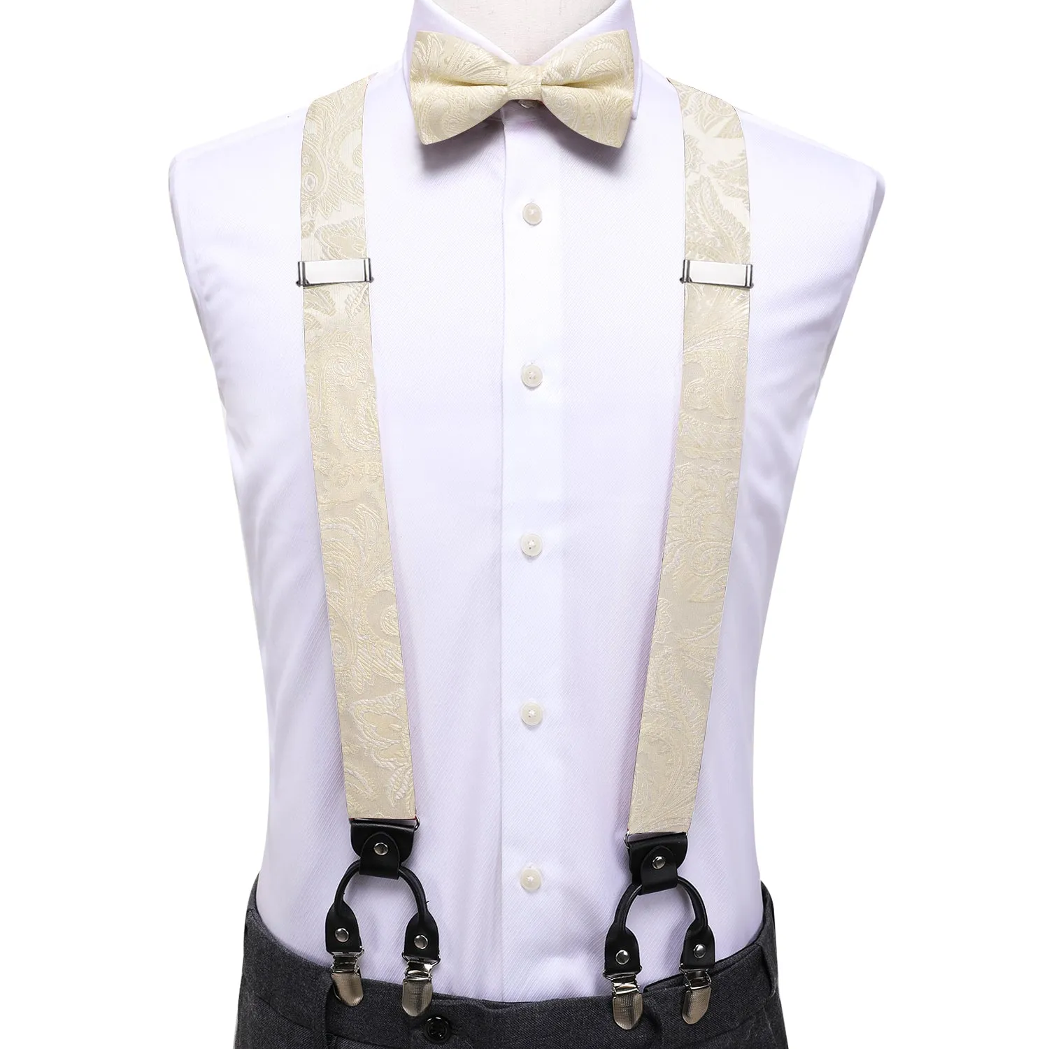 Hi-Tie Champagne Floral Mens Suspender Bowtie Hanky Cufflinks Set