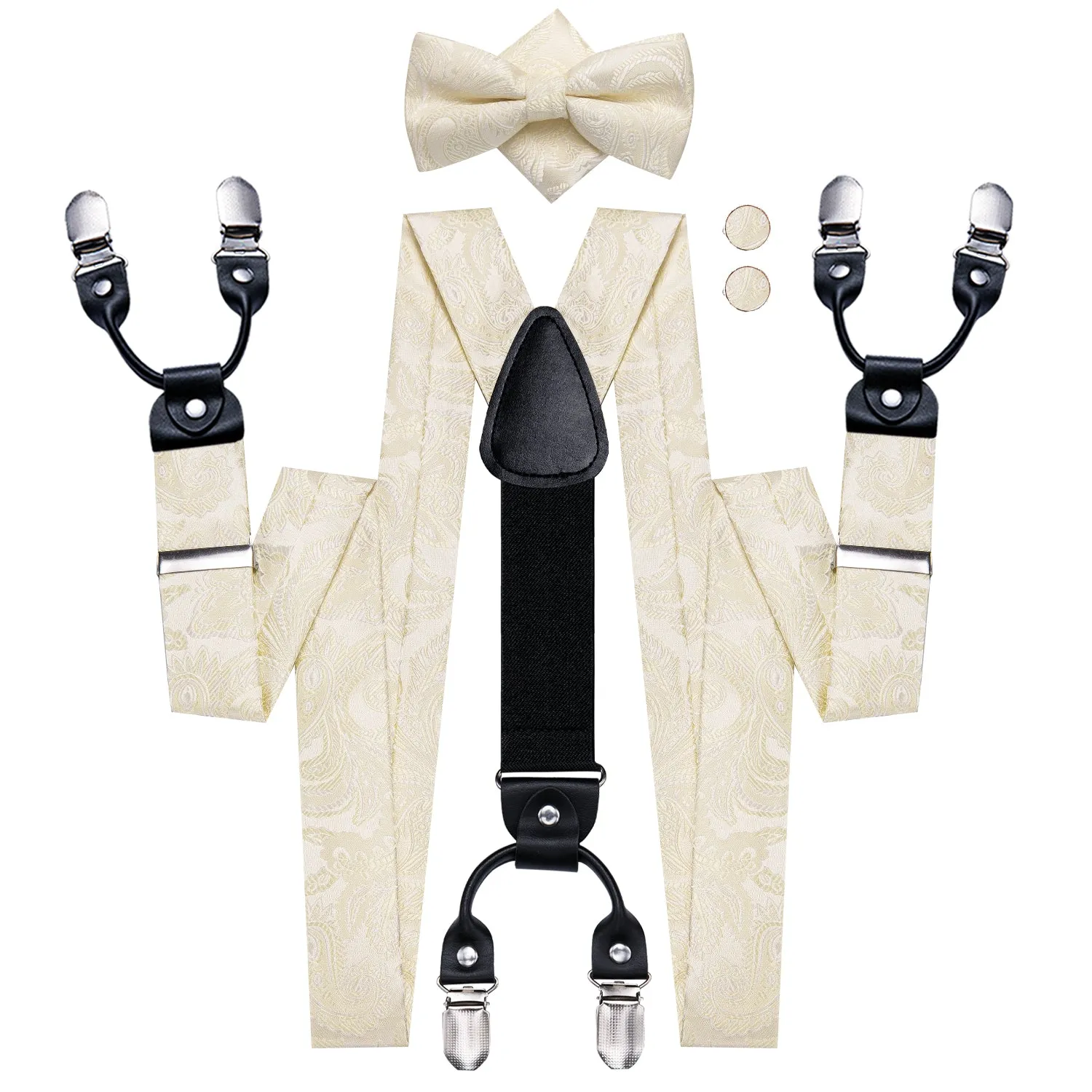 Hi-Tie Champagne Floral Mens Suspender Bowtie Hanky Cufflinks Set