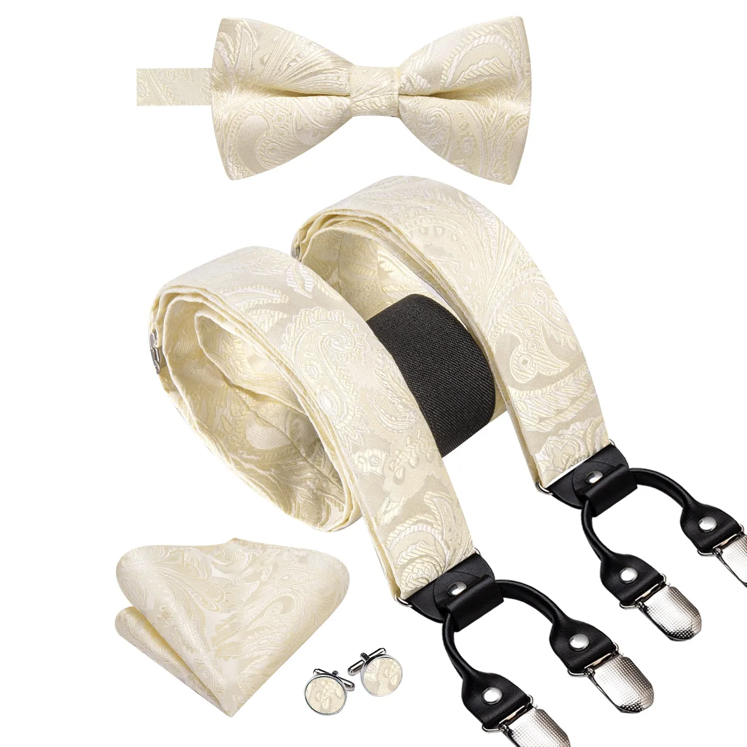 Hi-Tie Champagne Floral Mens Suspender Bowtie Hanky Cufflinks Set