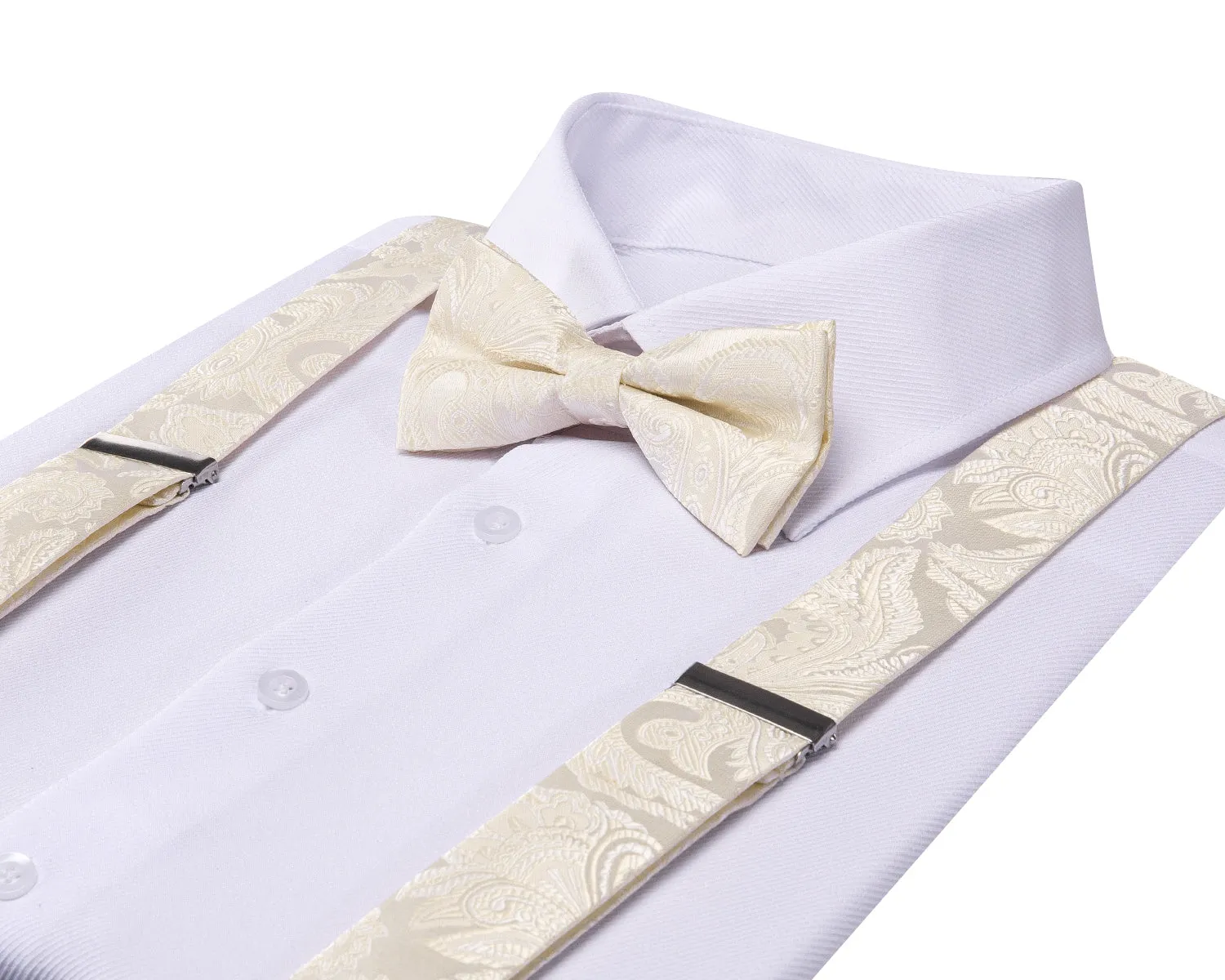 Hi-Tie Champagne Floral Mens Suspender Bowtie Hanky Cufflinks Set