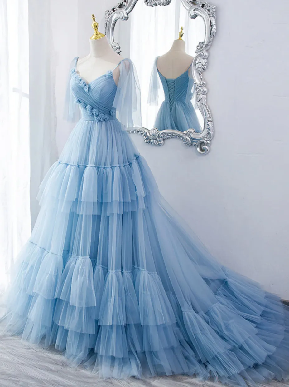 Lovely Light Blue Tulle with Straps Layers Long Formal Dresses Blue Evening Gown Party Dresses