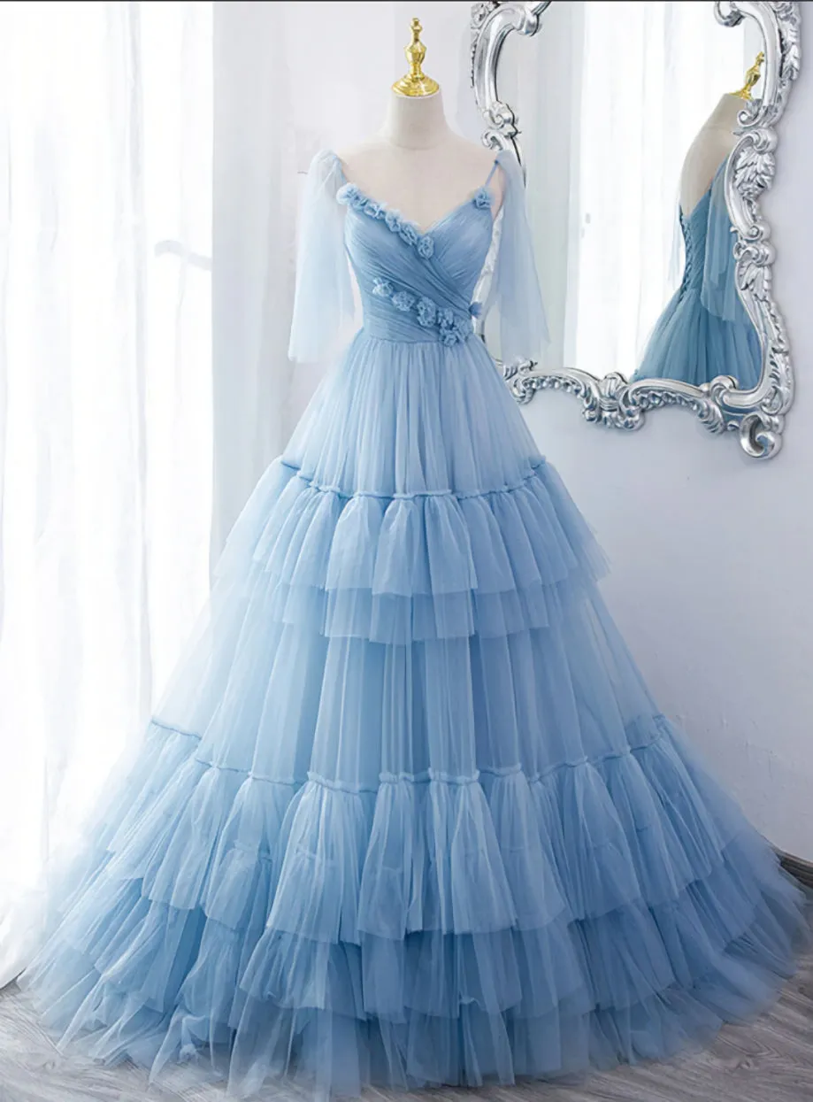 Lovely Light Blue Tulle with Straps Layers Long Formal Dresses Blue Evening Gown Party Dresses