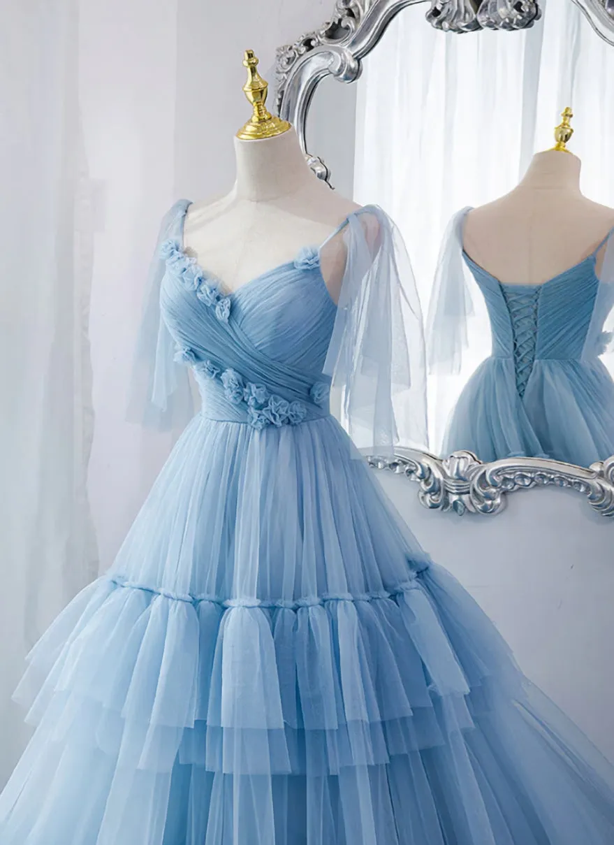 Lovely Light Blue Tulle with Straps Layers Long Formal Dresses Blue Evening Gown Party Dresses