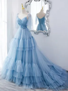 Lovely Light Blue Tulle with Straps Layers Long Formal Dresses Blue Evening Gown Party Dresses