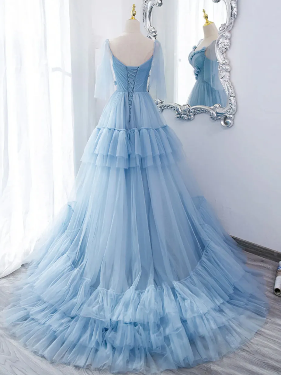 Lovely Light Blue Tulle with Straps Layers Long Formal Dresses Blue Evening Gown Party Dresses