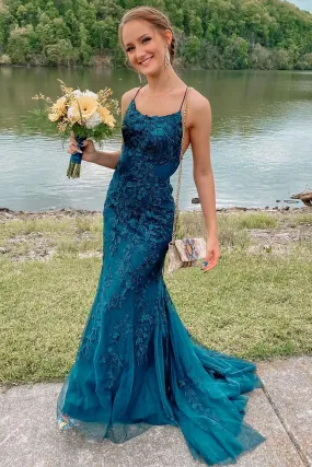 Mermaid Backless Teal Lace Long Evening Dress, Teal Lace Formal Dresses