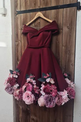 Off Shoulder 3D Flowers Burgundy Homecoming Dresses Short Prom Dresses With Appliques Off Shoulder Burgundy Graduation Dresses Formal Dresses