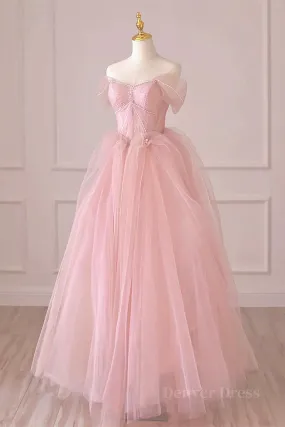 Off the Shoulder Pink Tulle Prom Dresses Pink Tulle Long Formal Graduation Dresses