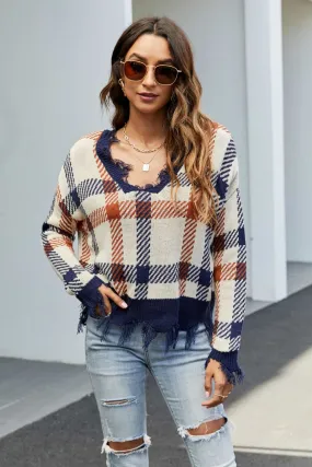 Plaid Distressed Drop Shoulder Sweater