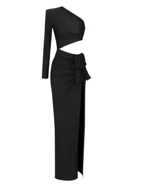 Pre Order:  Black Hollow Out Waist One Shoulder Maxi Dress