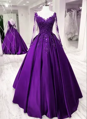 Purple Satin Long Sleeves Prom Dress Formal Dress Lace Applique Sweet 16 Dress