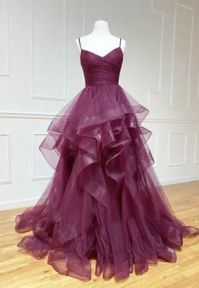 Purple Tulle Long Prom Dresses A-Line Formal Evening Dresses