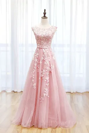 Round Neck Pink Lace Prom Dresses Pink Lace Long Formal Evening Dresses