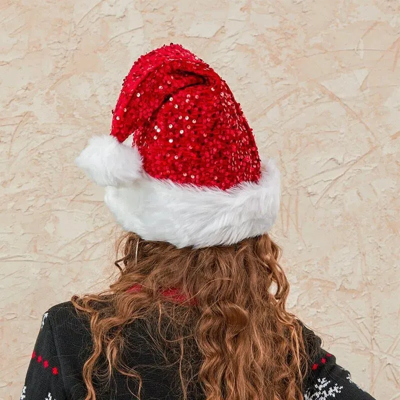 Sequin Santa Cap with Bow - Sparkling Red Festive Hat