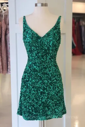 Shiny Green Sequins V Neck Short Prom Dresses V Neck Green Homecoming Dresses Green Formal Evening Dresses