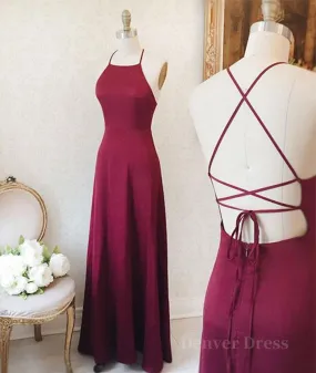 Simple A Line Backless Burgundy Satin Long Prom Dresses Burgundy Formal Dresses Burgundy Evening Dresses